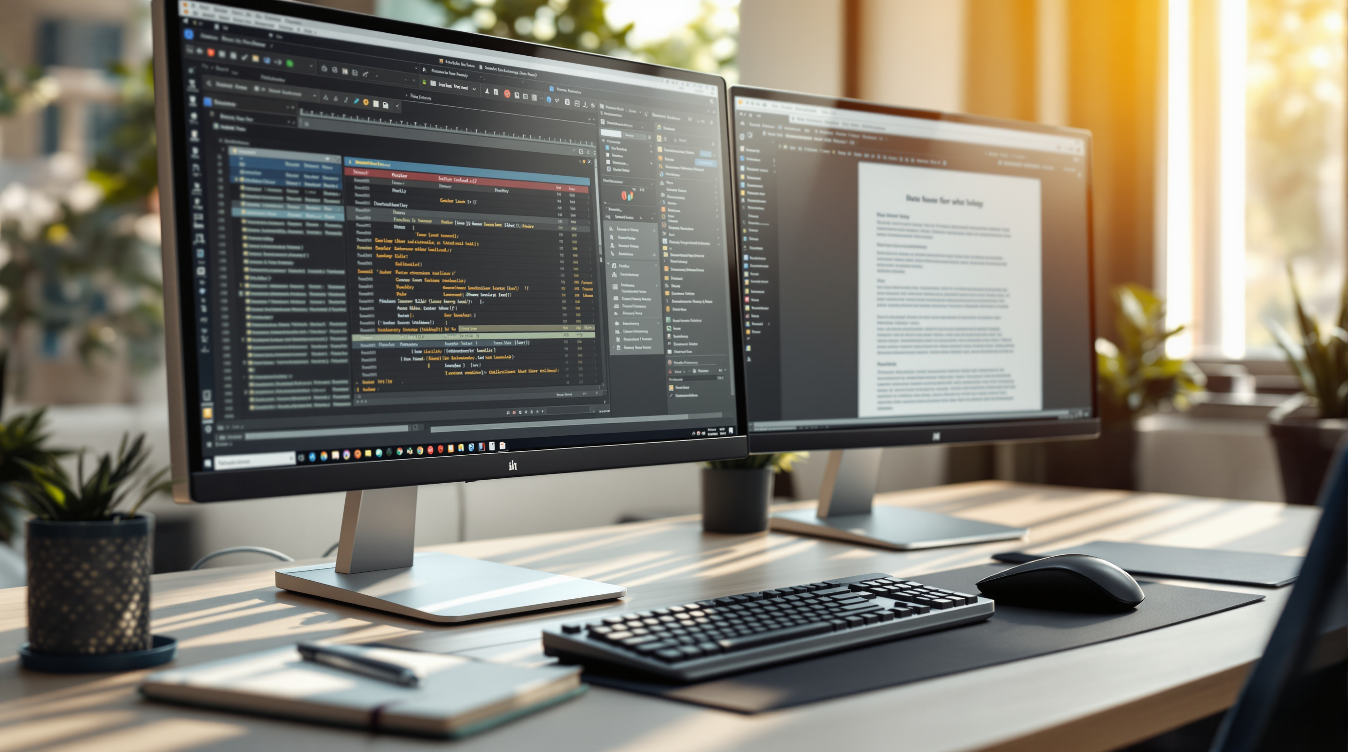 Dual-monitor productivity setup with office software open